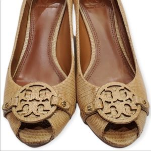 Tory Burch Tan Snakeskin Open Toe Wedges